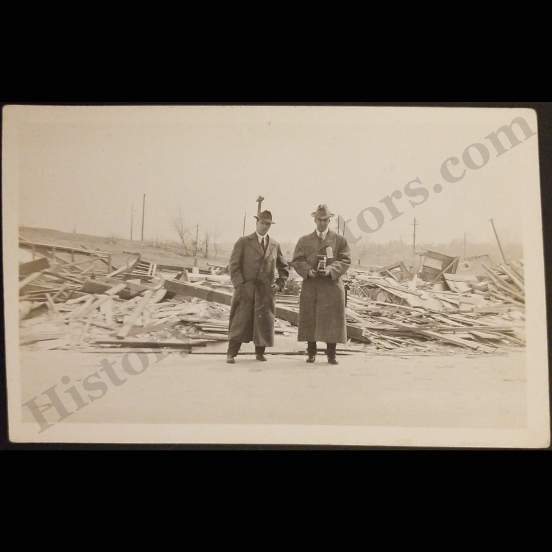 c1907 Two Men Documenting Destruction RPPC Real Photo Postcard - Kodak No. 1A Folding Pocket Camera - Unidentified - VELOX Stamp Box - Progressive Era