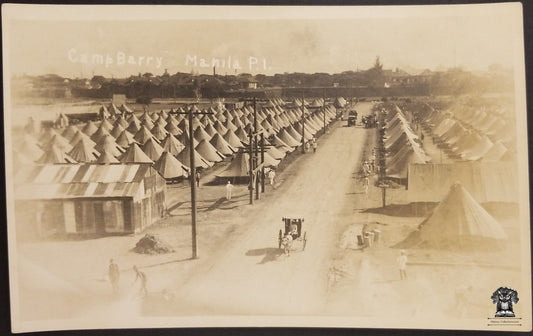 c1910 RPPC Picture Postcard - Camp Barry Manila Philippines - Philippine American War Era - WWI Era - Aerial View - ARTURA Stamp Box