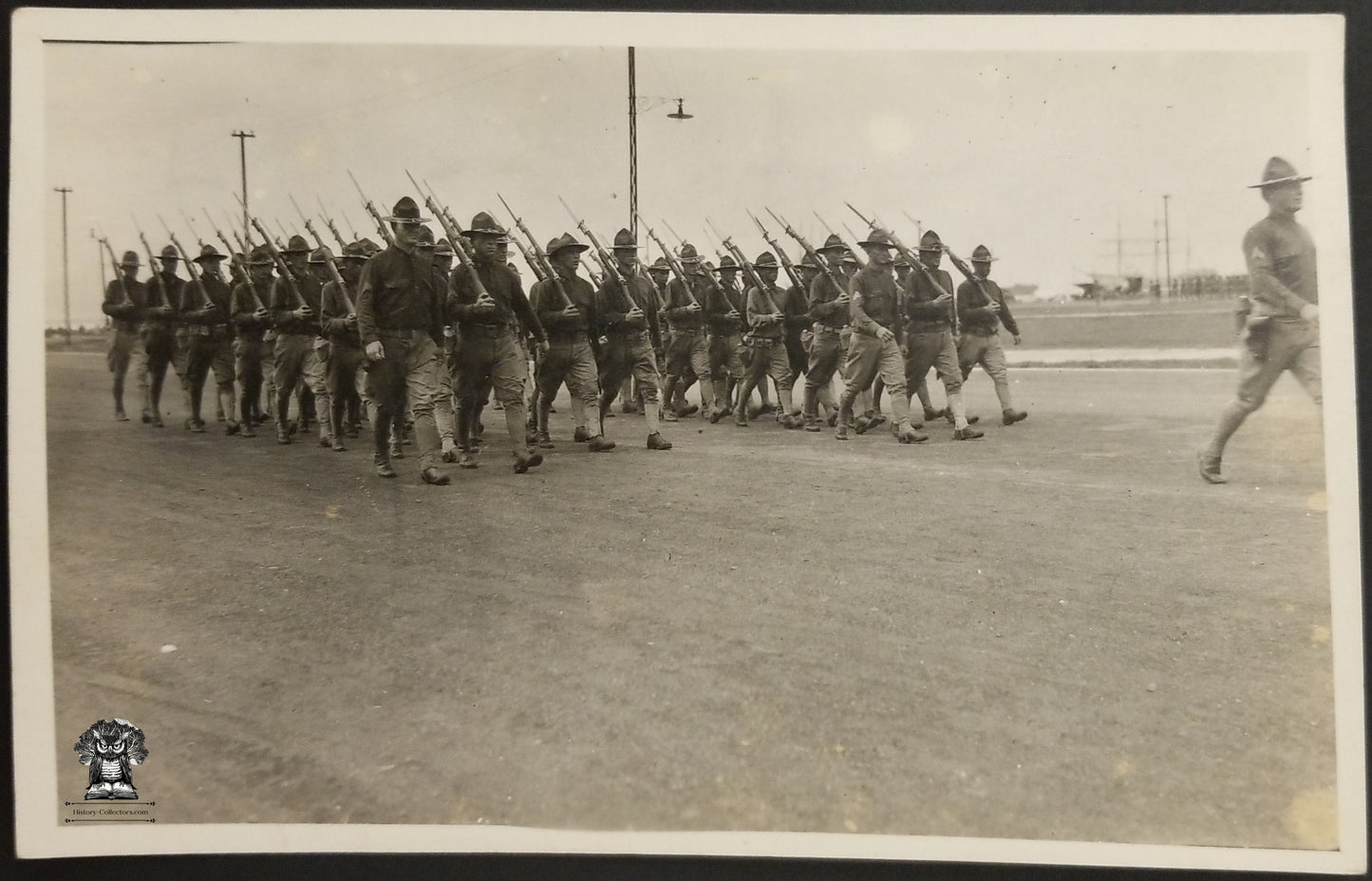 c1910 RPPC Picture Postcard - US Army Squad March - WWI Era - ARTURA Stamp Box