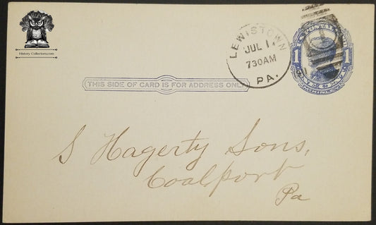 c1910s Hagerty Sons Coalport PA Personal Postcard - Lead Arsenate Purple - Postal Cancel Lewistown PA - One Cent McKinley Memorial Postal Card - Scott UX22