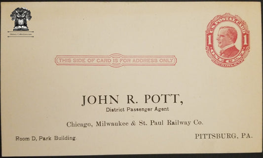 c1911 Chicago Milwaukee St Paul Railway Co Ticket Rate Postcard - Pittsburg PA - One Cent McKinley Postal Card - Scott UX24