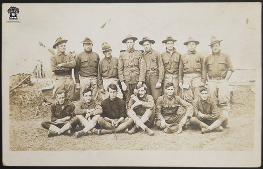 c1914 RPPC Picture Postcard - WWI Era US Army Artillery Soldiers Camp - AZO Stamp Box - Pet Bird