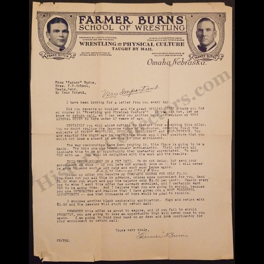 c1915 Farmer Burns School Of Wrestling And Physical Culture Promotional Letter - Omaha Nebraska - Farmer Burns - Frank Gotch - WWI Era - Ready For Framing