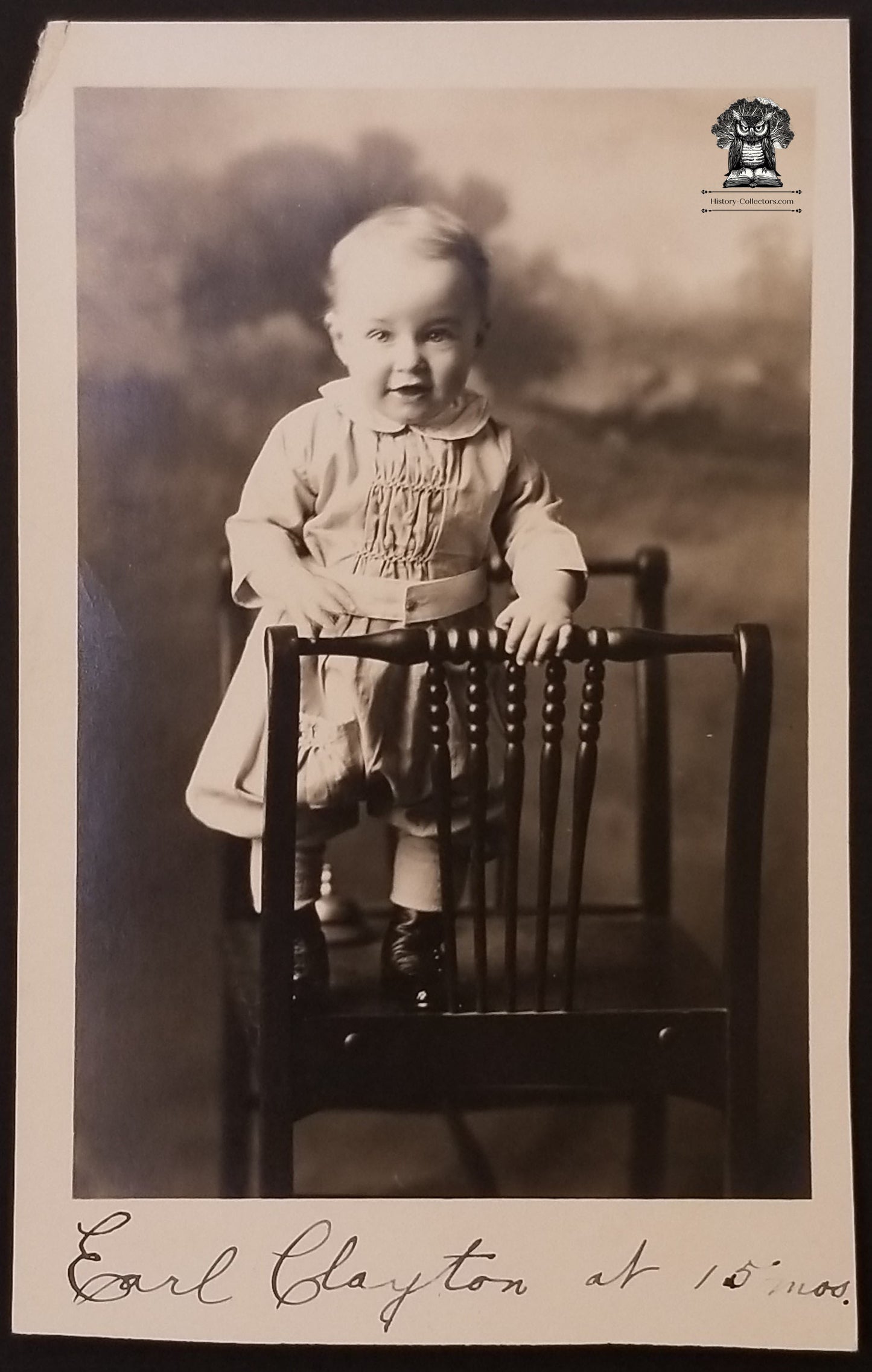 c1918 RPPC Picture Postcard - Earl Clayton 15 Months Old - Boy Child Standing on Chair - AZO Stamp Box