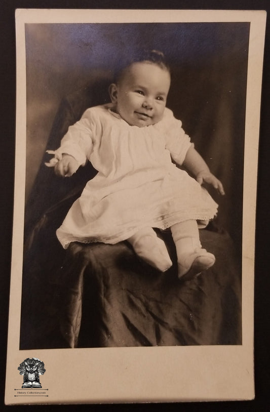 c1918 RPPC Picture Postcard - Eileen Louise Sharpe Age 3 - Girl Toddler Portrait Fashion White Dress - AZO Stamp Box