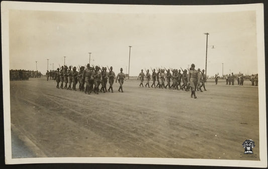 c1918 RPPC Picture Postcard - Post WWI US Army Formation March Naval Military Transit Point Embarkation Port With Marching Band - AZO Stamp Box