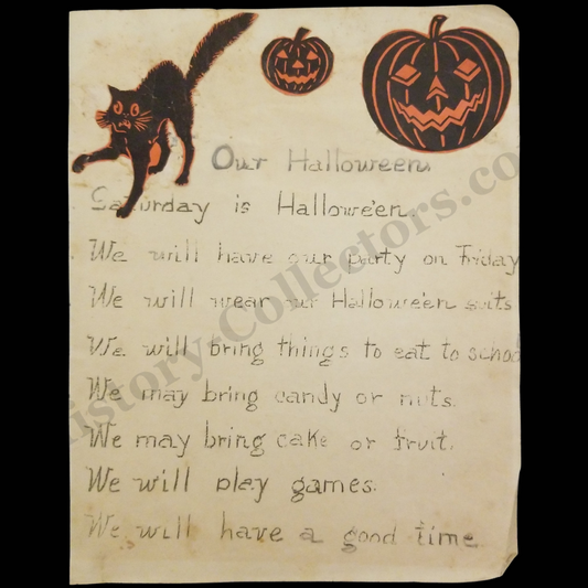c1920 Halloween Poem Children's Handmade Classroom Folk Art - Jack-O’-Lantern - Black Cat - Progressive Roaring Twenties Era - Ready For Framing