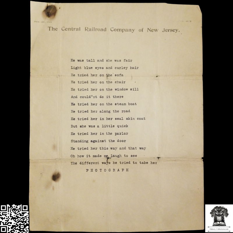 c1920 Humorous Playful Poem - Central Railroad Company Of New Jersey Letterhead - Suggestive Content To Take A Photograph