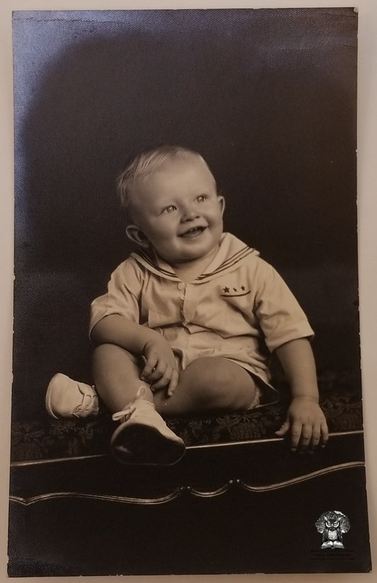 c1920 RPPC Picture Postcard - Male Child Toddler Boy - Fashion Three Star Sailor Suit Defender Stamp Box