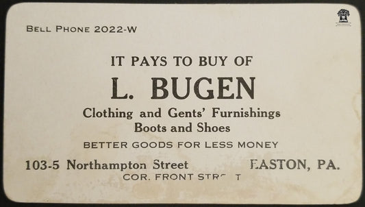c.1920s L. Bugen Business Card -  Men's Clothing Shoes Easton PA Short Bell Phone Number