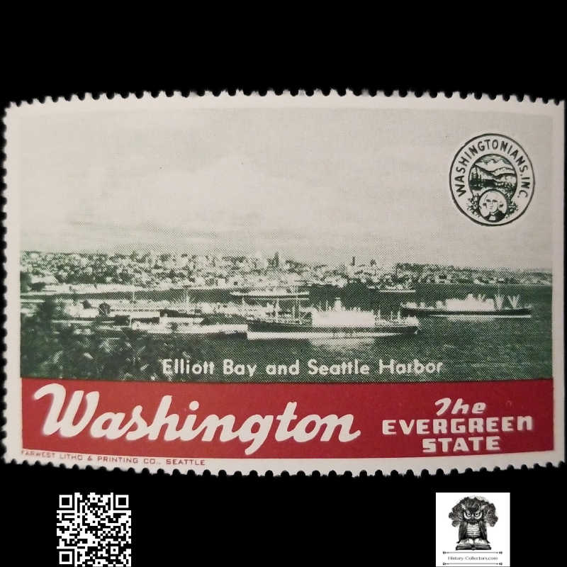 c1930 Washington State Tourism Poster Stamp - Elliot Bay Seattle Harbor - Washingtonians Inc - Three Sided Perforation