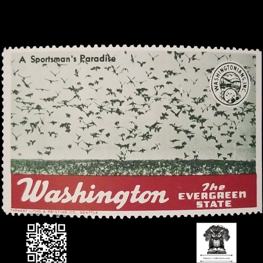 c1930 Washington State Tourism Cinderella Poster Stamp - Sportsman’s Paradise - Historical Wildlife Conservation - Washingtonians Inc - Three Sided Perforation