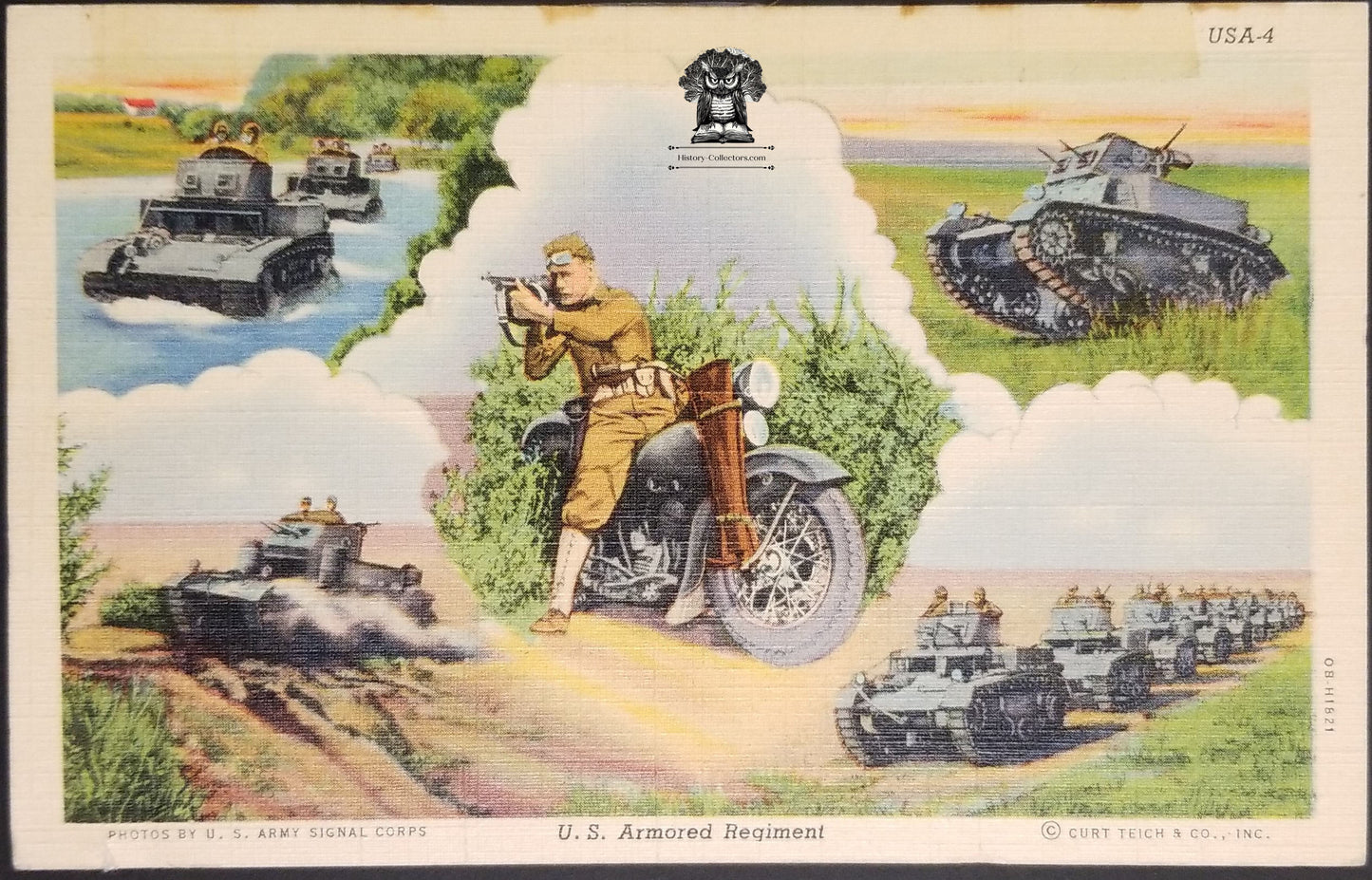 c1930s - 40s US Armored Regiment Linen Postcard - Signal Corp Photos - US Army Series - Teich & Co Chicago IL