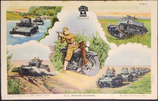 c1930s - 40s US Armored Regiment Linen Postcard - Signal Corp Photos - US Army Series - Teich & Co Chicago IL
