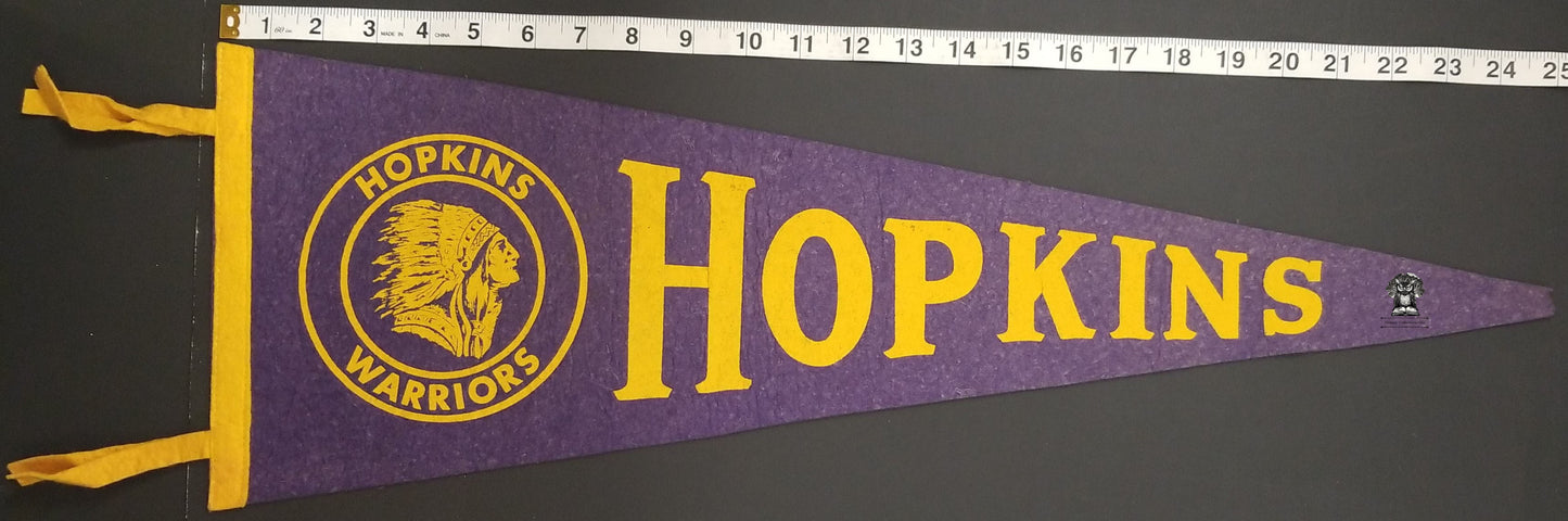 c1930s Hopkins High School Mascot Pennant - Minnesota Warriors Purple / Gold