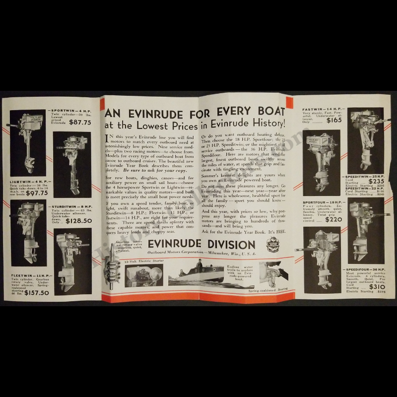 c1935 Evenrude Outboard Motors Sales Brochure - Milwaukee Wisconsin - Great Depression Era - Ready For Framing