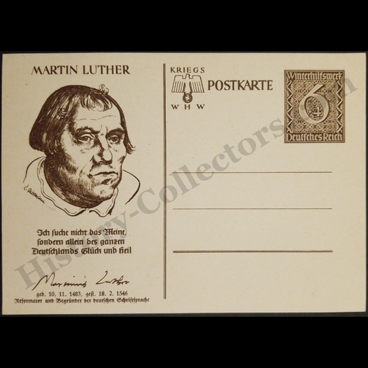 c1939 German Empire Nazi War Blank Back Postcard - Martin Luther Commemorative - Winter Relief Program - Unused Unposted - Ready For Framing