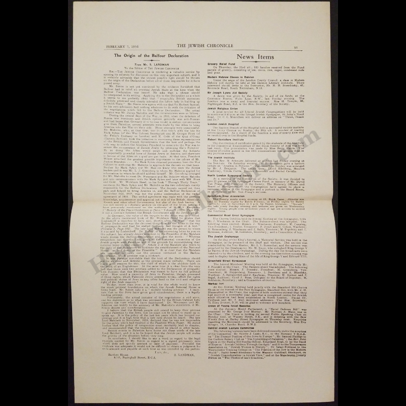 c1940 1936 Jewish Chronicle Balfour Declaration Lithograph Print - Opinion To Editor By S. Landman - February 7 - Ready For Framing