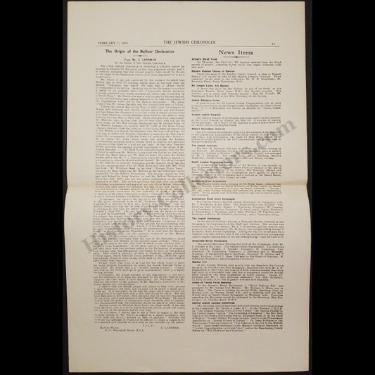 c1940 1936 Jewish Chronicle Balfour Declaration Lithograph Print - Opinion To Editor By S. Landman - February 7 - Ready For Framing