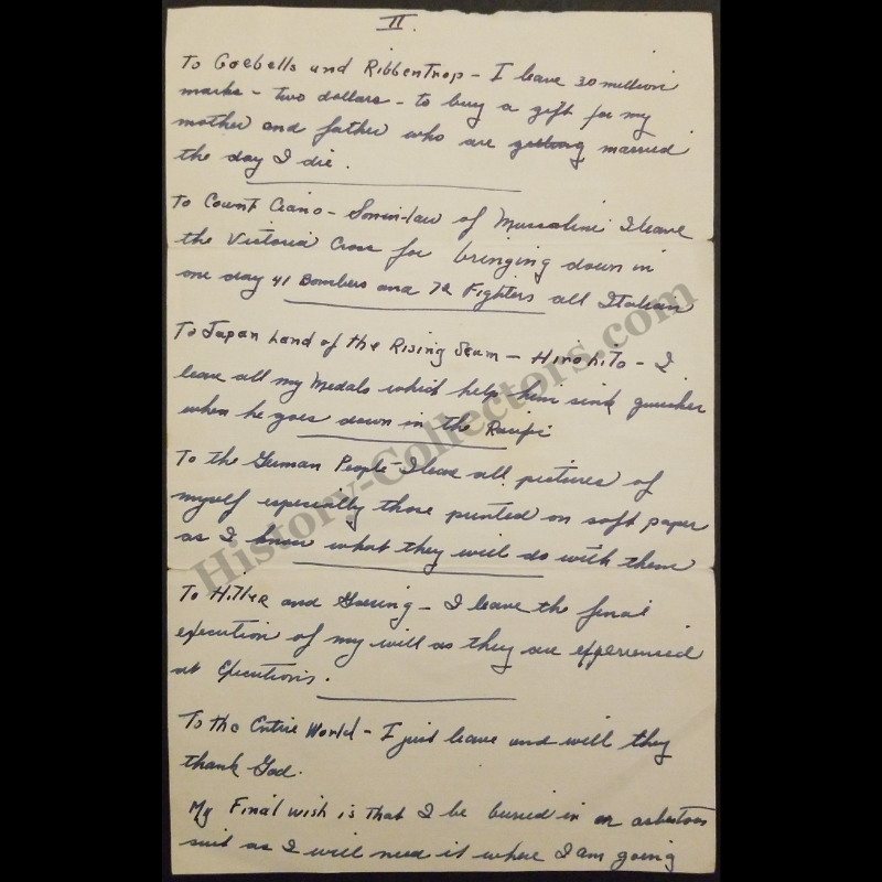 c1940 Adolf Hitler Last Will & Testament - Handwritten Political Satire - WWII Era - Ready For Framing