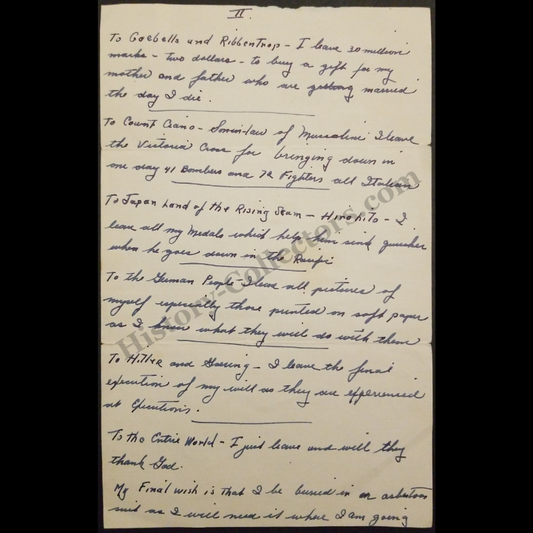 c1940 Adolf Hitler Last Will & Testament - Handwritten Political Satire - WWII Era - Ready For Framing