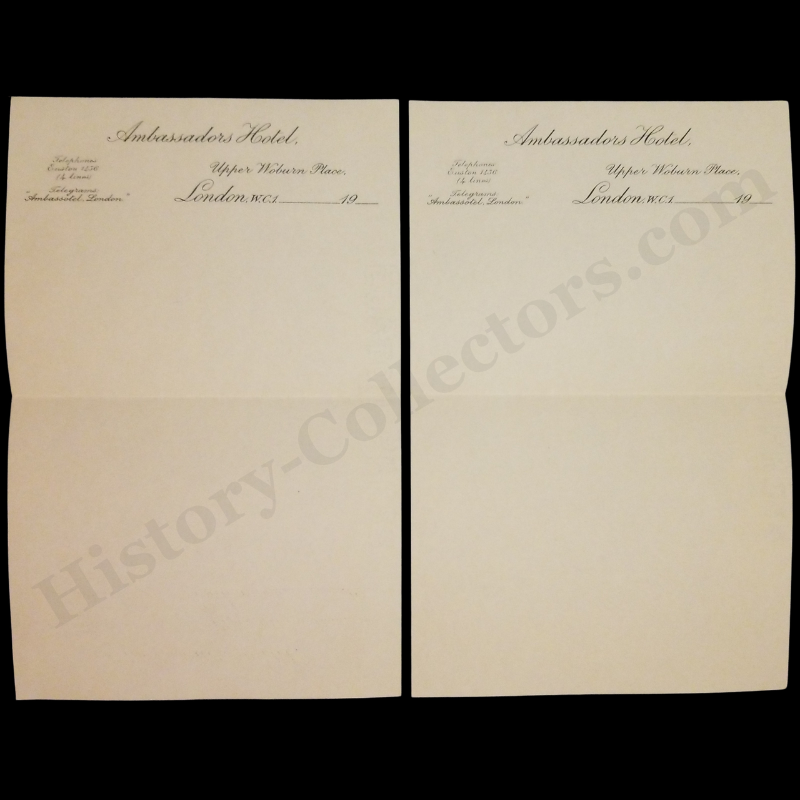 c1940 Ambassadors Hotel London England Stationery Letterhead Sheet X2- Upper Woburn Place - Euston Telephone Exchange