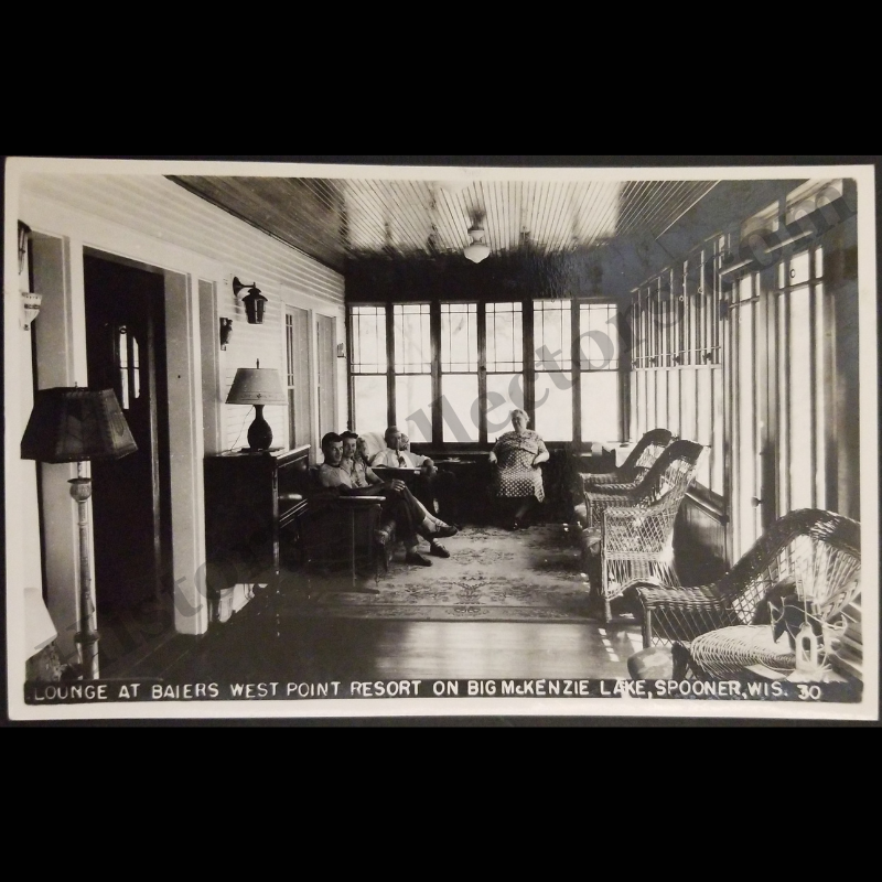 c1940 Bairers West Point Resort Lounge RPPC Real Photo Postcard - Big McKenzie Lake - Spooner Wisconsin - EKC Stamp Box - Great Depression Era