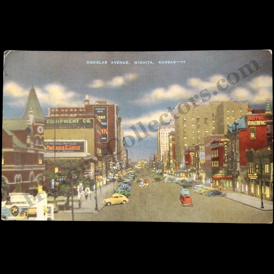 c1940 Douglas Avenue Wichita Kansas Linen Postcard - The Central Building - First National Bank - Hinkels Department Store - Hotel Pacific - World War II Era - Ready For Framing
