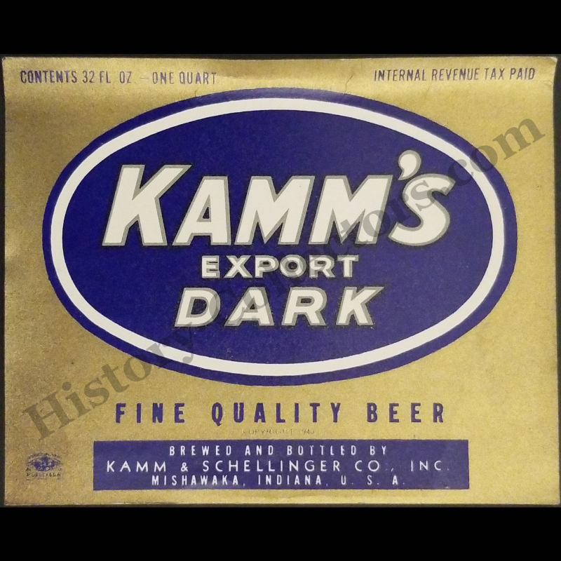 c1940 Kamm's Export Dark Beer Bottle Label - Kamm & Schellinger Co. Inc. - Mishawaka Indiana - Internal Revenue Tax Paid - Restaurant Stamped - Joseph Allis Allis' Italian Restaurant 48 East 20th Street New York - World War II Era