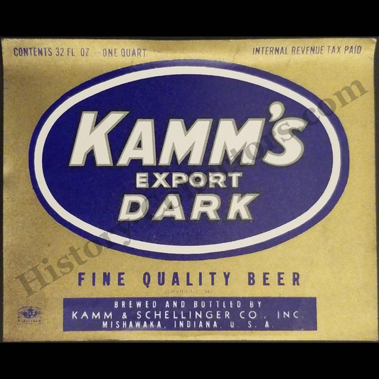 c1940 Kamm's Export Dark Beer Bottle Label - Kamm & Schellinger Co. Inc. - Mishawaka Indiana - Internal Revenue Tax Paid - Restaurant Stamped - Joseph Allis Allis' Italian Restaurant 48 East 20th Street New York - World War II Era