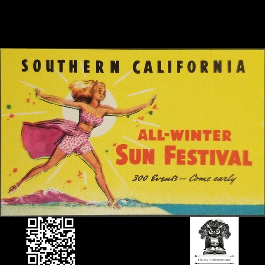 c1940 Southern California All Winter Sun Festival Advertising Label - Beach Bathing Beauty