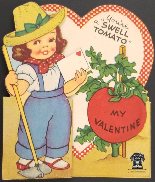 c1940s Children's Exchange Valentine's Day Card - Fold Open Tomato Garden Bushell