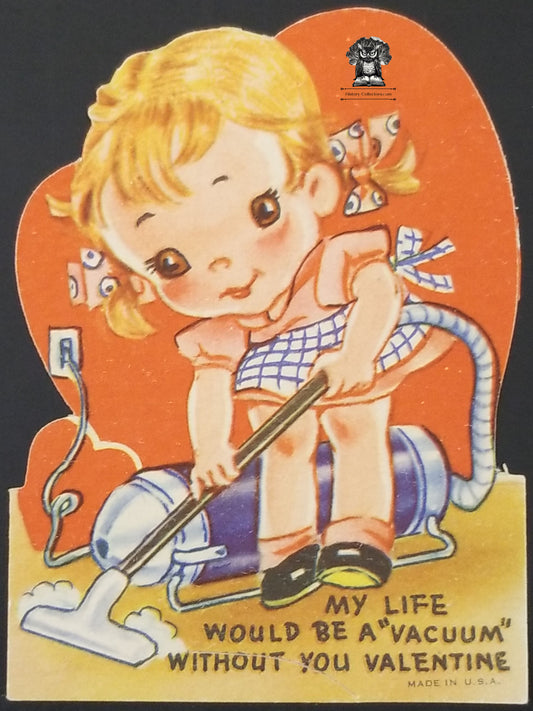 c1940s Children's Exchange Valentine's Day Card - Girl Child Vacuuming Housework