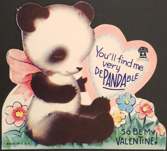 c1940s Children's Exchange Valentine's Day Card - Panda Heart Spring Flowers