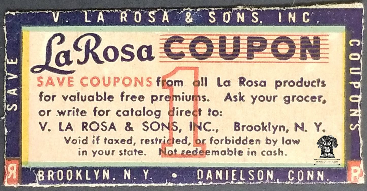 c1940s V La Rosa & Sons Pasta Loyalty Reward Saving Free Premium Coupon - Cardboard Box Cut-Out - Brooklyn NY - Danielson CT - Marketing Strategy