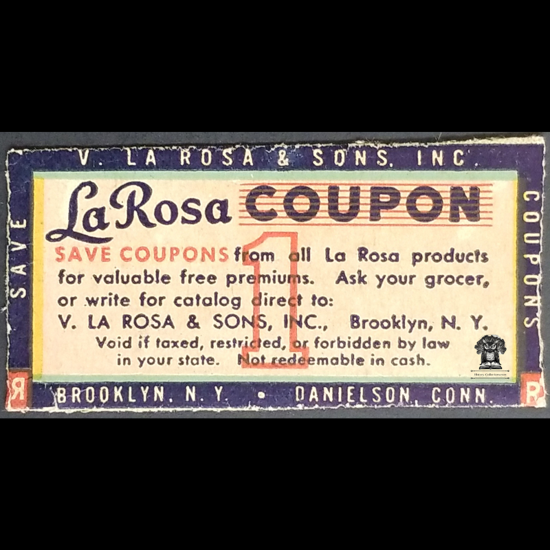 c1940s V La Rosa & Sons Pasta Loyalty Reward Saving Free Premium Coupon - Cardboard Box Cut-Out - Brooklyn NY - Danielson CT - Marketing Strategy