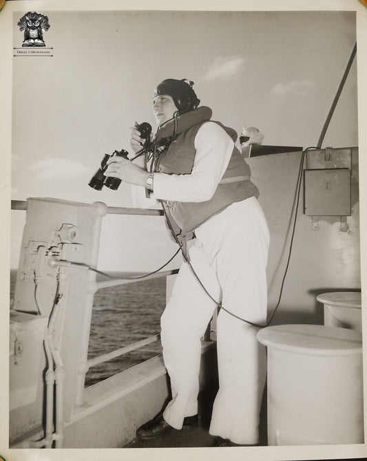 c1940s WWII Era United States Navy USN Deck Talker Sailor On Watch Lookout Photograph - 8x10