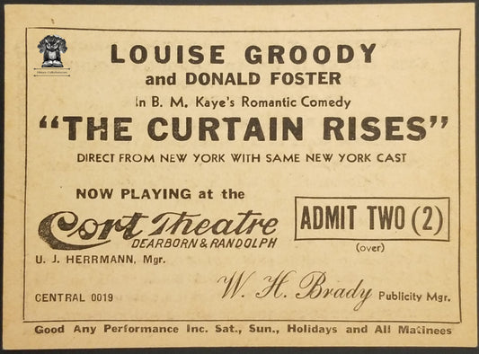c1950s Cort Theatre Discount Coupon Curtain Rises - Louise Groody Donald Foster - Chicago IL