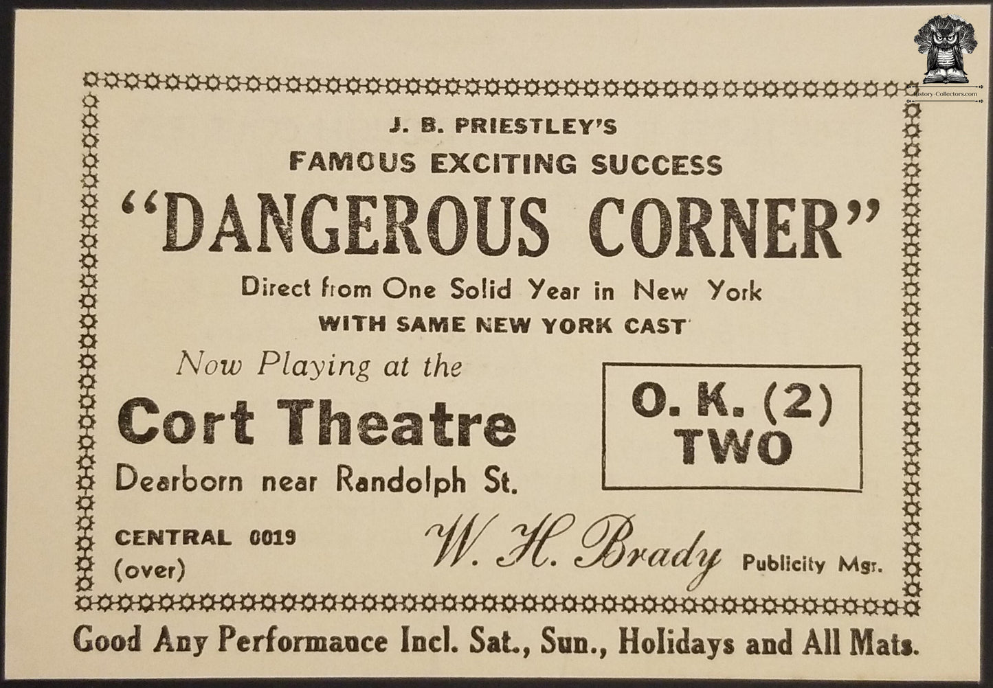 c1950s Cort Theatre Discount Coupon Dangerous Corner J.B. Priestley - Chicago IL