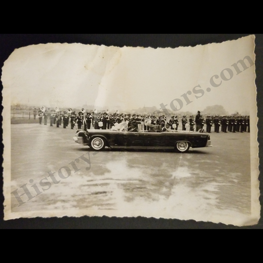 c1962 President John F Kennedy Original Snapshot Photograph - Military Inspection Ceremony - Unknown Event / Location - Cold War Era - Ready For Framing